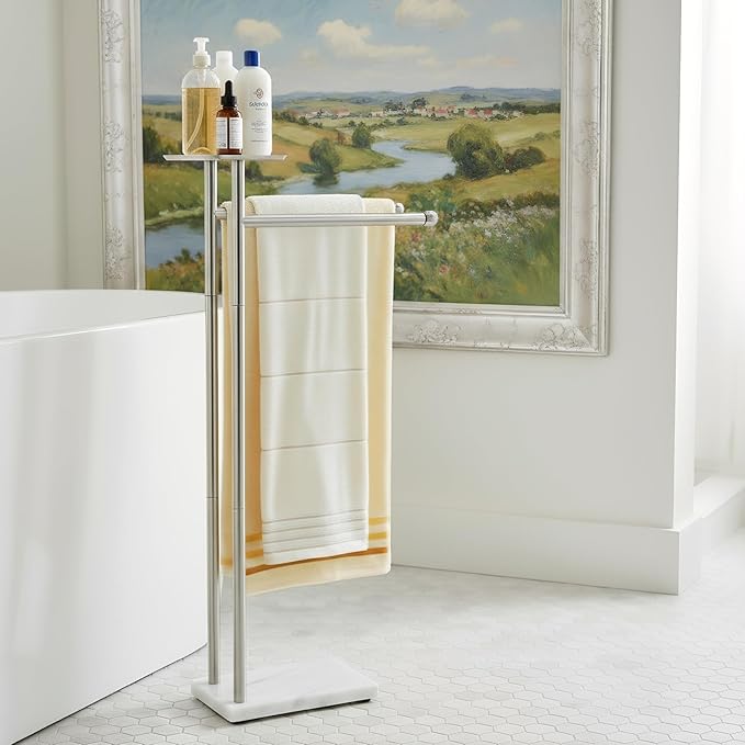 Songtec Towel Rack Stand for Bathroom, 2-Tier Freestanding Towel Holder for Bath Towels, Practical Shelf on Top, Heavy Duty Bathroom Accessories, No Drilling Required