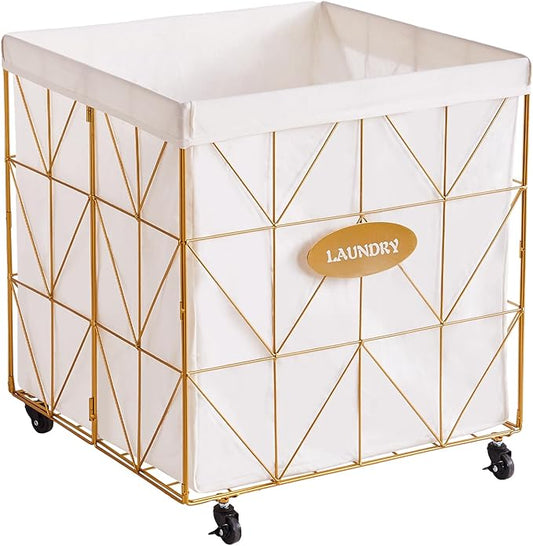 Mxfurhawa Laundry Hamper,Collapsible Laundry Basket Large Capacity Metal Laundry Hamper with Removable Liner, Rolling Wheels and Collapsible Design for Clothes Storage and Organization (210L GOLD)