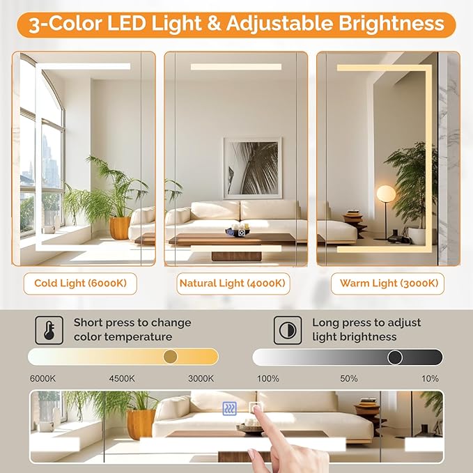 VINGLI 60 x 36 Inch Extra Large Lighted Bathroom Medicine Cabinet with Mirror, Large 3-Door Wall Mounted Bathroom Medicine Cabinet with Lights, Dimmable Mirror with Storage, Built-in Outlet & USB