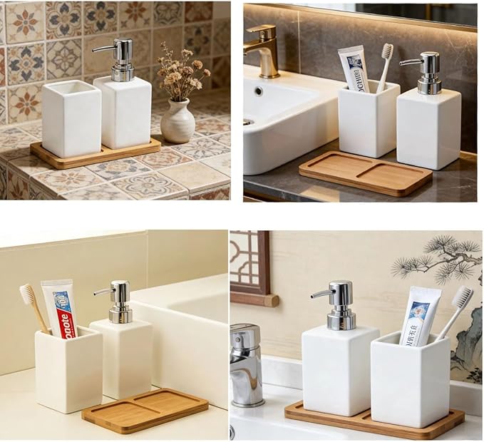 White Bathroom Accessories Set,Ceramic Soap Dispenser and Toothbrush Holder with Tray,Modern Decor Square Countertop Bath Set with Toothbrush Cup