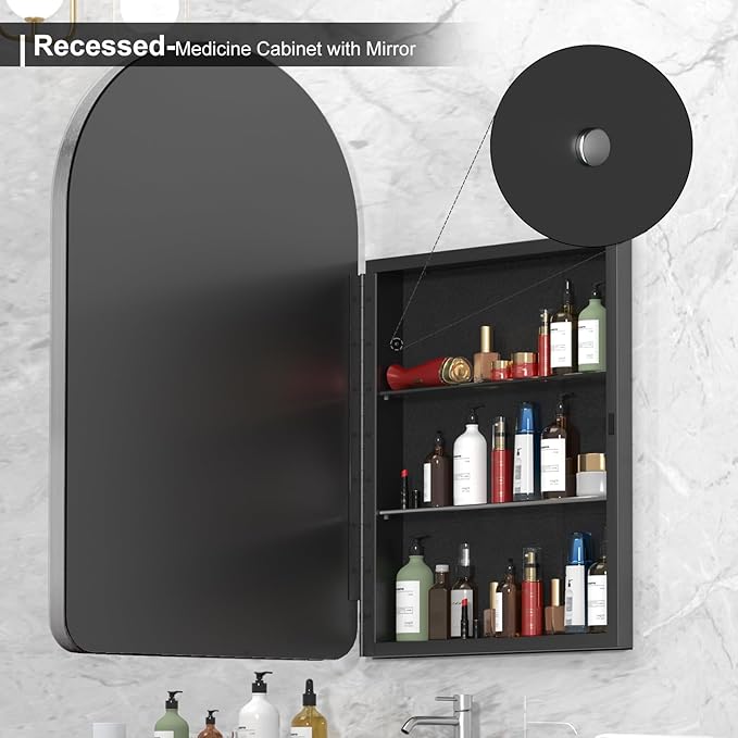 20x31 Inch Arched Medicine Cabinet with Mirror - Metal Framed Recessed Bathroom Storage, Recessed Arched Medicine Cabinet for Bathroom ,Oil Rubbed Nickel Finish, Rust-Resistant ,Adjustable Shelves