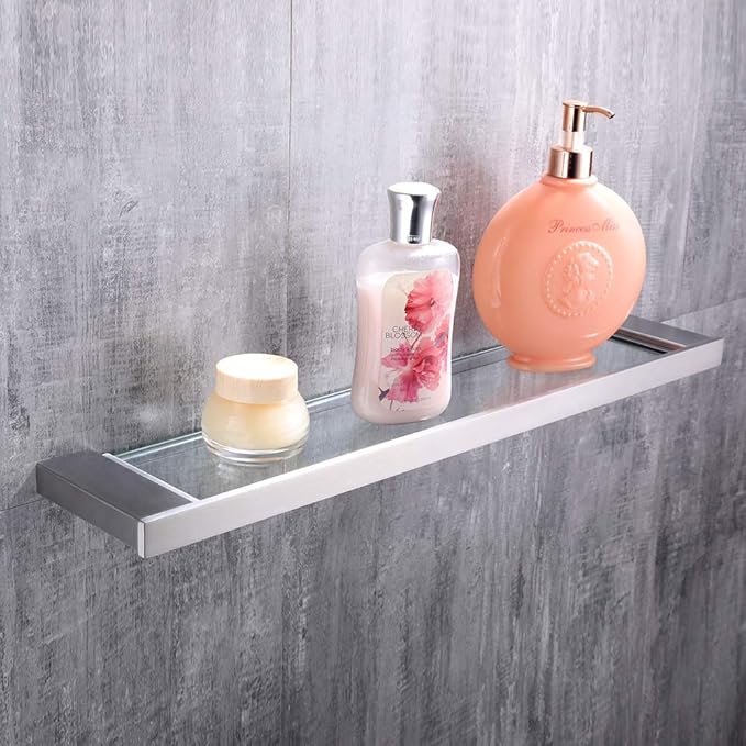QT Modern Bathroom Glass Shelf - Wall Mounted, Brushed Finish, Made from Stainless Steel, Water and Rust Proof, Easy to Install