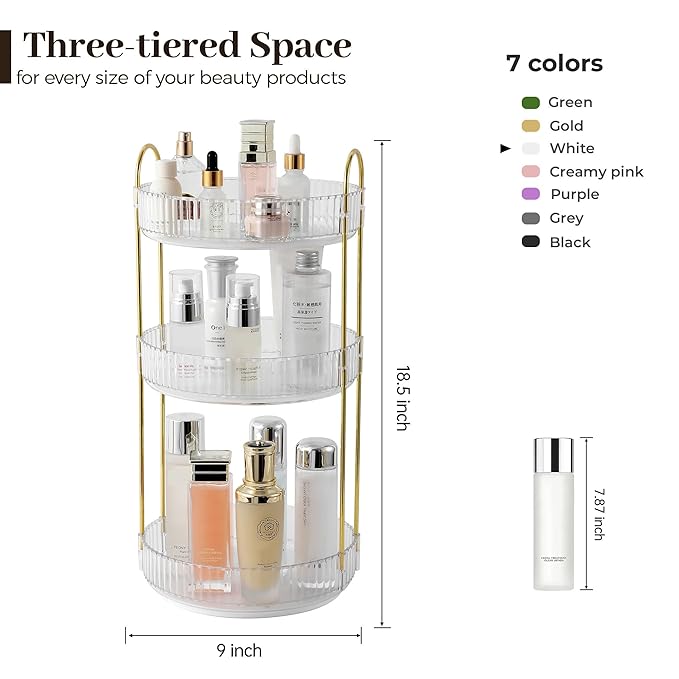 Aveniee Rotating Makeup Organizer – Clear Spinning Perfume & Skincare Cosmetic Storage, Three-tier Large Make Up Holder for Vanity, Bathroom Countertop or Dresser, White
