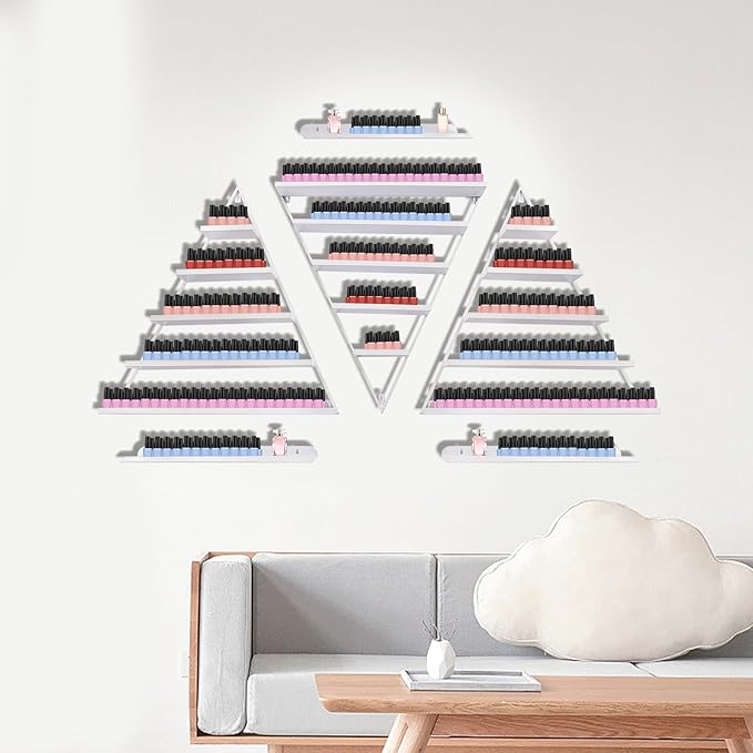 5 Tier Wall-Mounted Metal Nail Polish Display Rack,Simple Triangular Storage Shelves,Essential Oil and Perfume Organizers,Cosmetic Display Cases for Home Spa Nail Salon Shop (White)