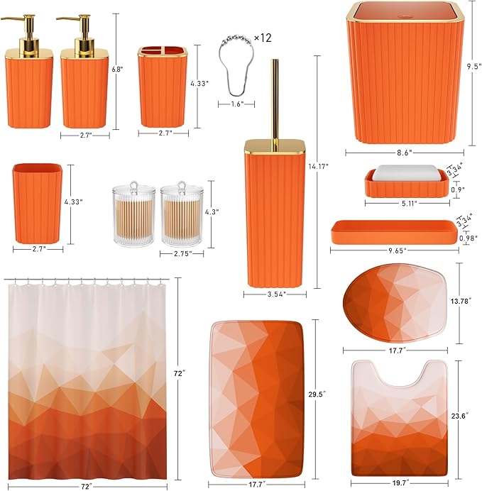 XLHOMO Bathroom Accessory Set - 26PC Bathroom Shower Curtain and Rug Set, Bathroom Accessories Set, Orange Bathroom Set with Trash Can, Toilet Brush, Qtip Holder & Soap Dispenser