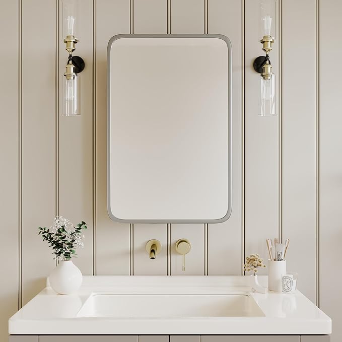 AGDULL Vintage-Style Bathroom Wood Black Cabinet with 16.5''x24'' Brushed Nickel Metal Frame Curved Mirror, Recessed Medicine Cabinet, Bathroom Storage Cabinet