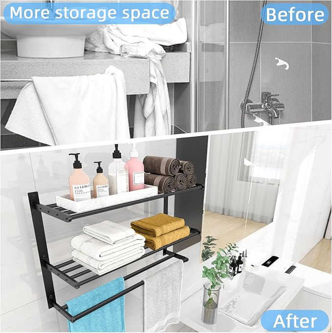 Towel Racks for Bathroom 24 Inch, 3 Tier Towel Shelf with Double Towel Bar, Wall Mounted Towel Rack SUS 304 Stainless Steel, Towel Storage for Bathroom Lavatory, Black