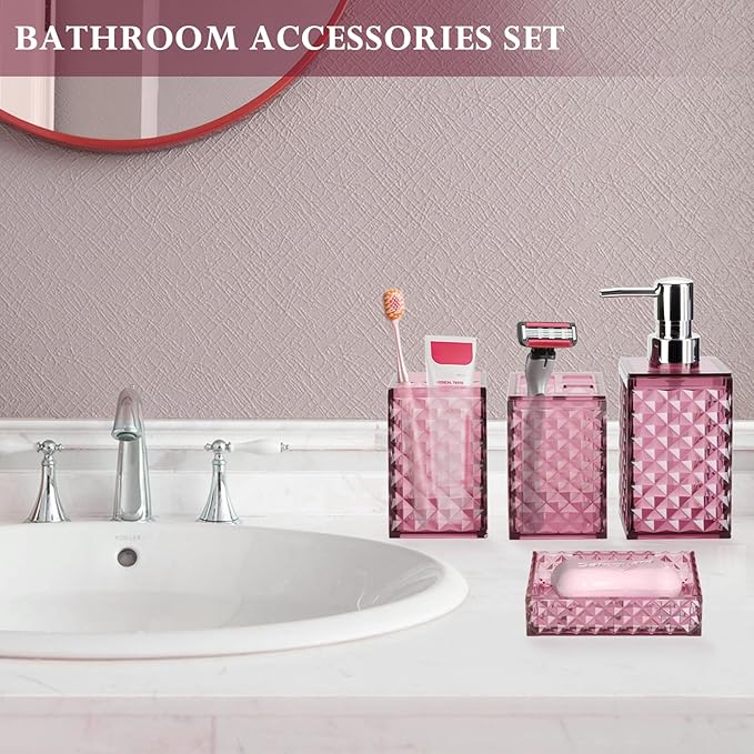 Bathroom Accessory Set, Grid Pattern 4 Pcs Plastic Bathroom Set Include Soap Dispenser, Soap Dish, Toothbrush Holder, Mousewash Cup, Modern Bahtroom D??cor Set(Burgundy)