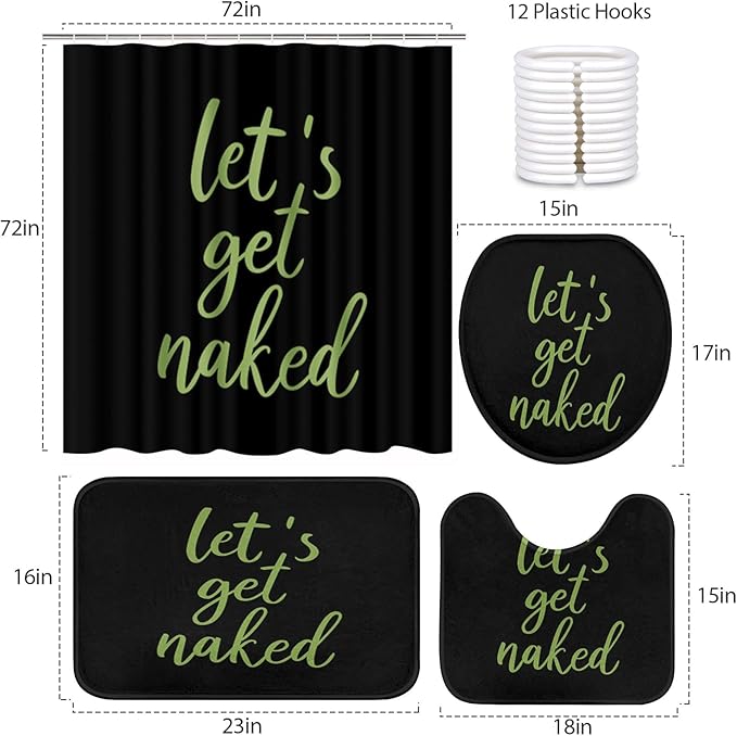 ArtSocket 4PC Green Let's Get Naked Shower Curtain Sets Black Bathroom Decor with Rugs, Non-Slip Rug,Toilet Lid Cover, Bath Mat and 12 Hooks 72x72 inches