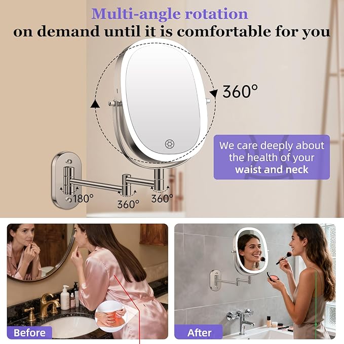 FUNTOUCH 30X/1X Wall Mounted Lighted Makeup Mirror,5000mAh Rechargeable Double Sided Magnifying Bathroom Lighted Mirror, 3 Color Modes Touch Dimmable Extended Arm 360 Rotation, Brush Nickel