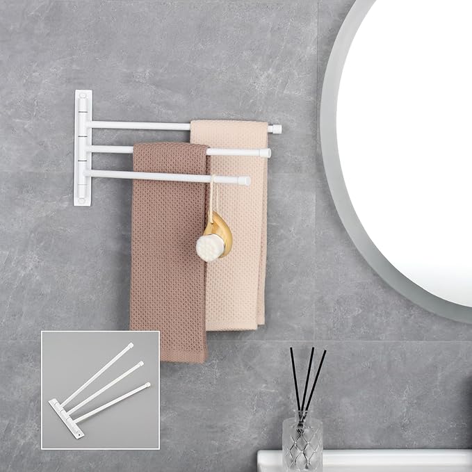 GERZWY Bathroom Hand Towel Rack 3-Bar Folding Arm Swivel Hanger Wall Mount Bath Towel Holder Stainless Steel Swing Out Towel Bar, White