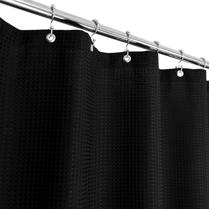 Barossa Design Waffle Weave Shower Curtain Hotel Luxury Spa, Black Heavyweight Fabric Shower Curtains for Bathroom, Washable & Water Repellent, Black, 71x72 Inch