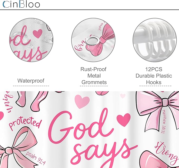 Cinbloo 4Pcs Pink Bow Shower Curtain Set, Retro Cute Coquette Vintage Girly Preppy Fashion Bathroom Curtain with Rug, Toilet Lid Cover, Bath Mat, Inspirational Quotes Shower Curtain with 12 Hooks