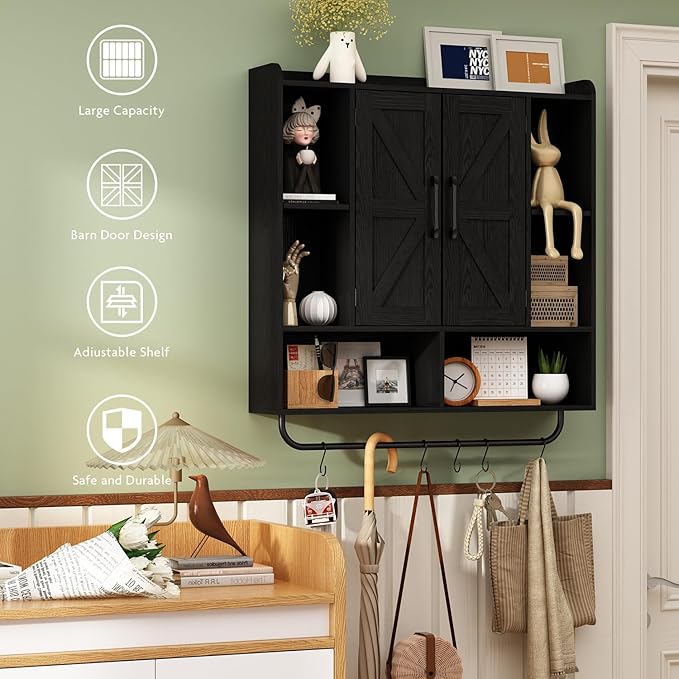 RUSTOWN Rustic Wood Wall Bathroom Cabinet, Farmhouse Medicine Cabinet Wall Mounted, Space Saving Wall Storage Cabinet with 2 Barn Door, 3-Tier Adjustable Shelves and Towel Bar (Black)