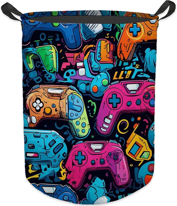 Gaming Gamer Laundry Basket, Colorful Game Controller Waterproof Collapsible Laundry Hamper Dirty Clothes Storage Toy Bin Organizer for Boys Kids Room Bedroom College Dorm Bathroom
