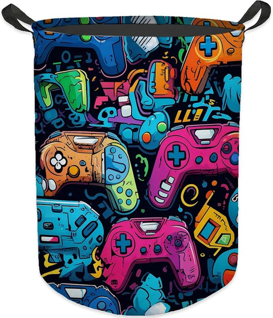 Gaming Gamer Laundry Basket, Colorful Game Controller Waterproof Collapsible Laundry Hamper Dirty Clothes Storage Toy Bin Organizer for Boys Kids Room Bedroom College Dorm Bathroom