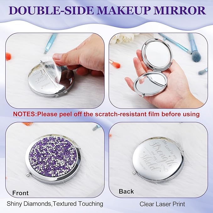 Thyle 12 Pcs Christian Compact Mirror Gifts for Women Mother's Day Nurse Week Bible Verse Wallet Mirror Bulk Hand Makeup Compact Religious Baptism for Holy Communion Teacher(Same,Purple)
