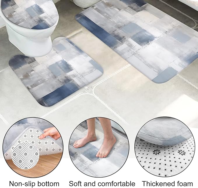 Lnond 4Pcs Bathroom Shower Curtain Sets with Rugs,Blue Grey Abstract Bathroom Sets with Shower Curtain and Rugs and Accessories