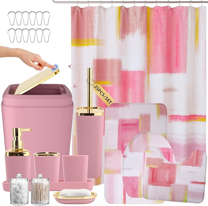 XLHOMO Bathroom Accessories Set - 25PC Bathroom Set with Shower Curtain and Rugs, Pink Bathroom Set, Bathroom Accessory Set with Press-on Lid Trash Can, Soap Dispenser and Qtip Holders