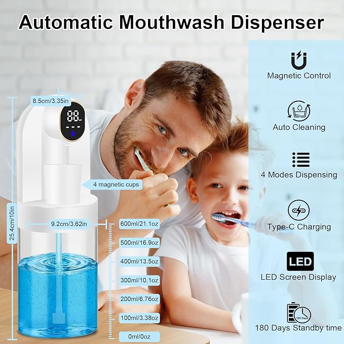 Automatic Mouthwash Dispenser for Bathroom, 20.29 oz Touchless Smart Wall-Mounted Mouth Wash Dispensers, 4 Magnetic Cups, 4 Dispensing Modes, Hands-Free Bathroom Accessories for Home Kids Family-White