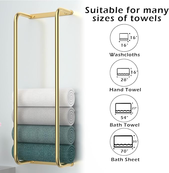 Towel Rack for Bathroom Wall Mounted, Bathroom Towel Storage, Rolled Bath Towel Holder, Small Space Bathroom Towel Storage, Bathroom Organizer - Brushed Gold