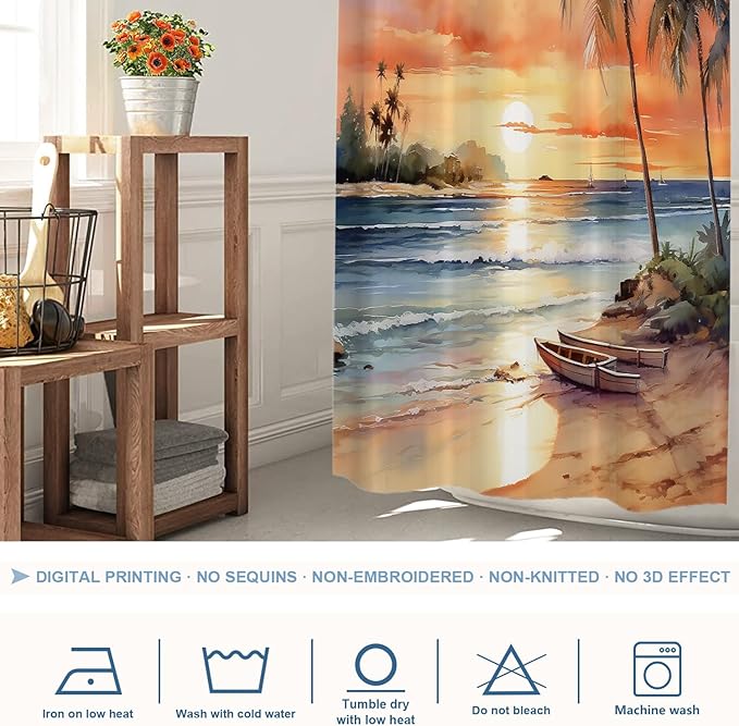 Shrahala Summer Sunset Beach Decorative Shower Curtain, Tropical Seaside Scene Bathroom Décor Polyester Fiber Waterproof with Plastic Rings for Shower Stall Bathtubs 72 X 36 in