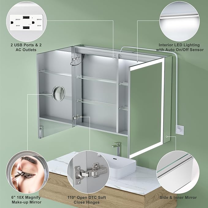 40x30 Inch Medicine Cabinet with Lights, AL Alloy Frame, Plug-in or Hardwired, Recessed or Wall Mount, Mirror Doors/3 Colors/Dimmable/Interior Sensor Light/Defog,2 Outlets & USBs,2 Shelves
