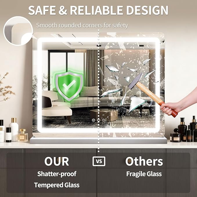 ROLOVE Vanity Mirror with Lights, 23"x18" Large Makeup Mirror with Lights, 10x Magnification, Wall Mounted LED Mirror for Bathroom, Dimmable Touch Control, Desk Mirror