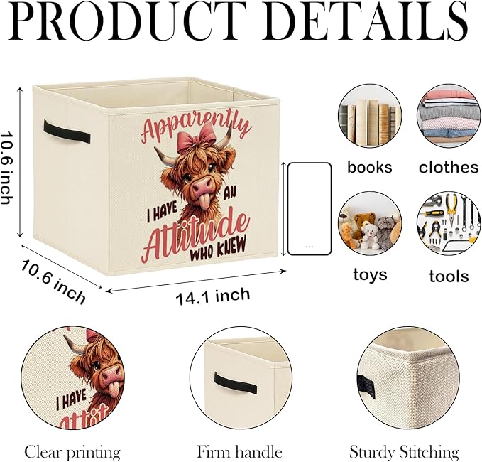 Pink Bow Funny Highland Cow Storage Bin Box with Handles, Highland Cow Gifts Foldable Baskets Organizer for Girls Kids Room Bedroom Bathroom Clothes Toys Books, Toybox for Girls