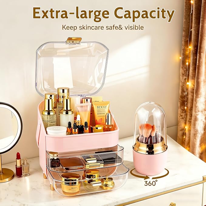 Makeup Organizer with Drawers,Cosmetic Display Case for Vanity,Skincare Organizer with 360 Rotating Brush Holder,Large Storage Box Dresser for Women Gifts, Bathroom Countertop,pink