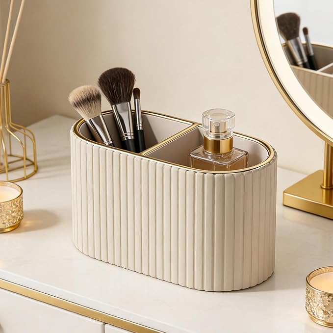 KINGFOM Makeup Brush Holder Organizer with Divider, PU Leather Vanity Brush Holder for Bathroom Countertop & Dressing Table, Cosmetic Desktop Storage Caddy for Makeup Tools Oval (Mocha Beige)