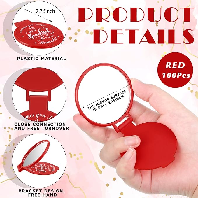100 Pcs 2.76 Inch Inspirational Compact Mirror Bulk Women Small Gifts Graduation Party Favors Purse Mirror Pocket Mini Stuffer Items for Adult Coworker Cheerleader Employee (Red)
