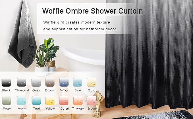 Mrs.Naturall Black and White Waffle Weave Fabric Shower Curtain Set with Hooks,Waterproof Modern Shower Curtains for Bathroom,Cute Ombre Dark Grey Cloth Bathroom Shower Curtain Sets,72x72 Inches