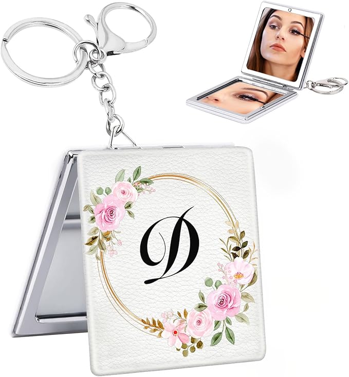 BAOSIWA Birthday Gifts for 5 6 7 8 9 10 11 12 13 Year Old Girl, Personalized Compact Mirror Initial Small Travel Makeup Mirror with Keychain Preppy Trendy Stuff Gifts for Women Teen Girls (D)