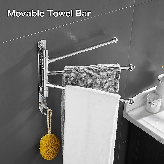 Chrome Plated Swivel Towel Rack Stainless Steel Adjustable Bathroom Towel Rack 12 * 1.5 * 10 inches for Bathroom, Bedroom, Balcony Removable Towel Bar (Electroplated, Triple Bar)