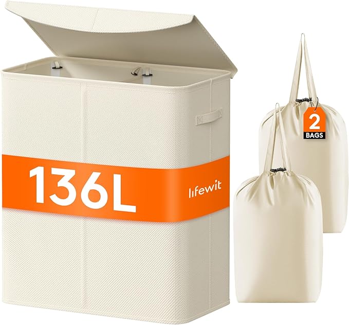 Lifewit 136L Double Laundry Hamper, 2 Sections Large Laundry Basket with Lid and Removable Bag, Divided Dirty Clothes Hamper in Bedroom Bathroom Dorm College, White