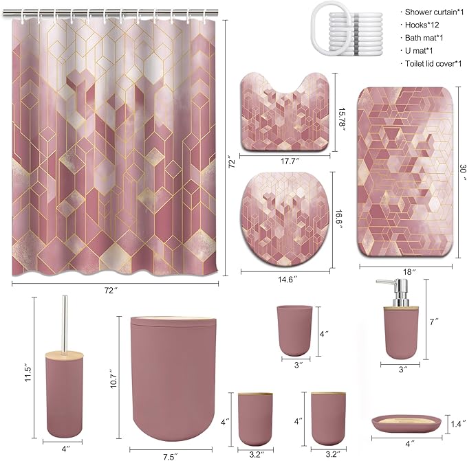 Lnond Pink Bathroom Set, Pink Abstract Cubes Bathroom Accessories Sets Complete, Luxury Restroom Set with Shower Curtain and Rugs, Trash Can, Toilet Brush Holder Set & Soap Dispenser