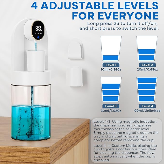 Automatic Mouthwash Dispenser for Bathroom, 21.12 oz Touchless Smart Mouth Wash Dispensers Bathroom Accessories Set with 4 Magnetic Cups, 4 Modes Wall Mounted Mouth Wash Dispenser for Home & Kids