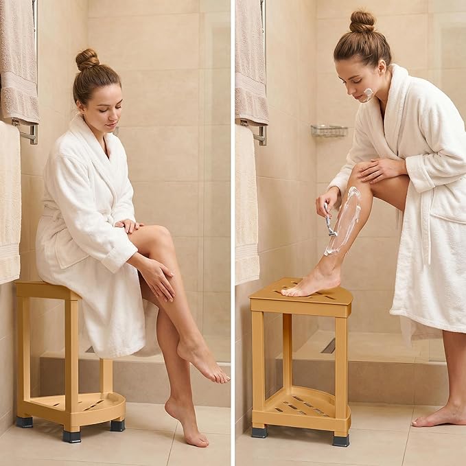 GallopFun Corner Shower Stool for Inside Shower, Waterproof Shower Bench for Shaving Legs, Plastic Anti-Fracture Shower Seat/Foot Rest with Baffle Storage Shelf, Rapid Assembly DIY Shelf (Yellow)
