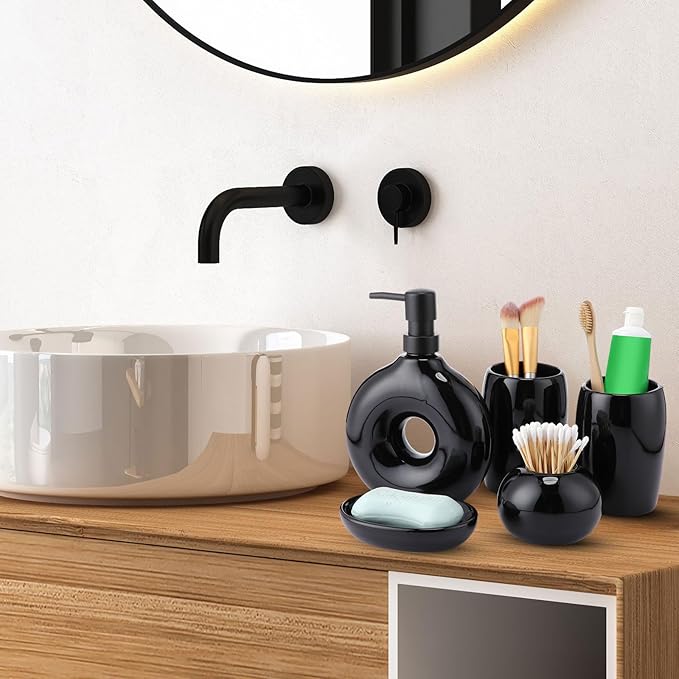 FoldTier 5 Pcs Ceramic Bathroom Accessories Set Includes Soap Dispenser Toothbrush Cup Holder Soapbox Holder Stylish Modern Bathroom Matte Glaze Decor(Black)