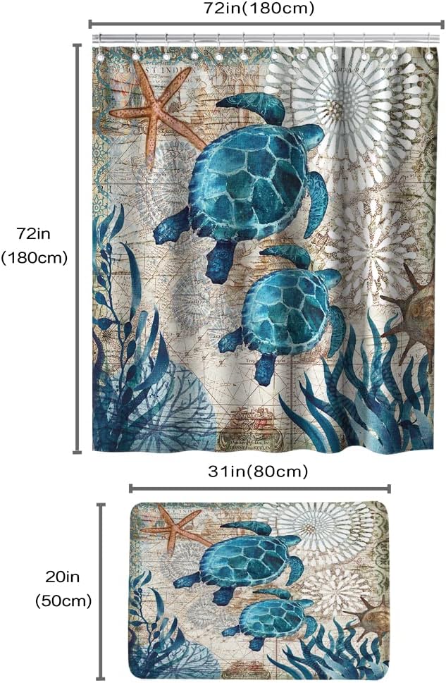 Sea Turtles Ocean Nautical Bathroom Sets with Beach Shower Curtain and 20 x 31 Rug and Accessories Decor with Memory Foam Non Slip Velvet Bath Mat and 12 Hooks 72 x 72 Inch