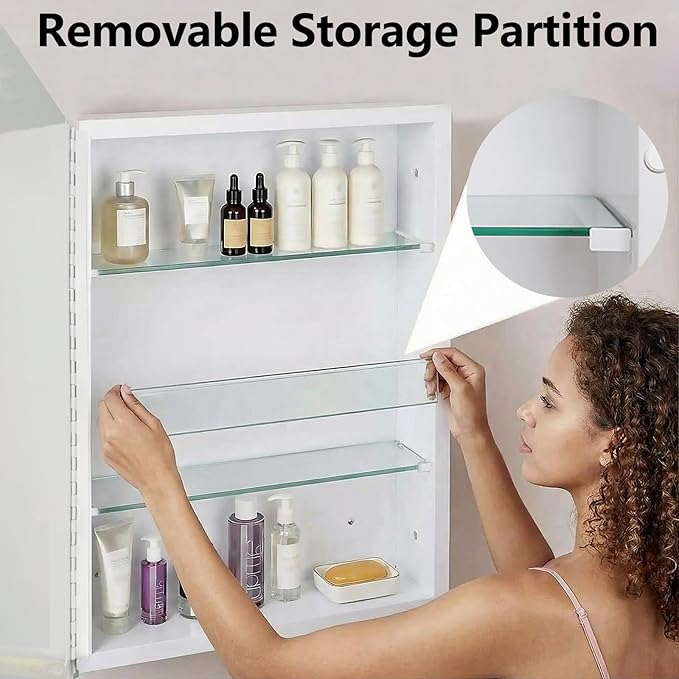 Bathroom Medicine Cabinet with Frameless Mirror, 16x26 inch Medicine Cabinet with Storage, Rectangular Beveled Frameless Mirror, Recess or Surface Mount Installation