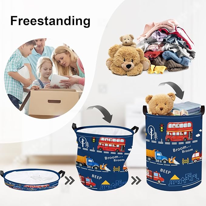 Cars Laundry Hamper Cartoon Vehicle Large Storage Basket Collapsible Parents Organizer Boy Toy Clothes Bins for Bedroom, Bathroom, City Bus, 63L