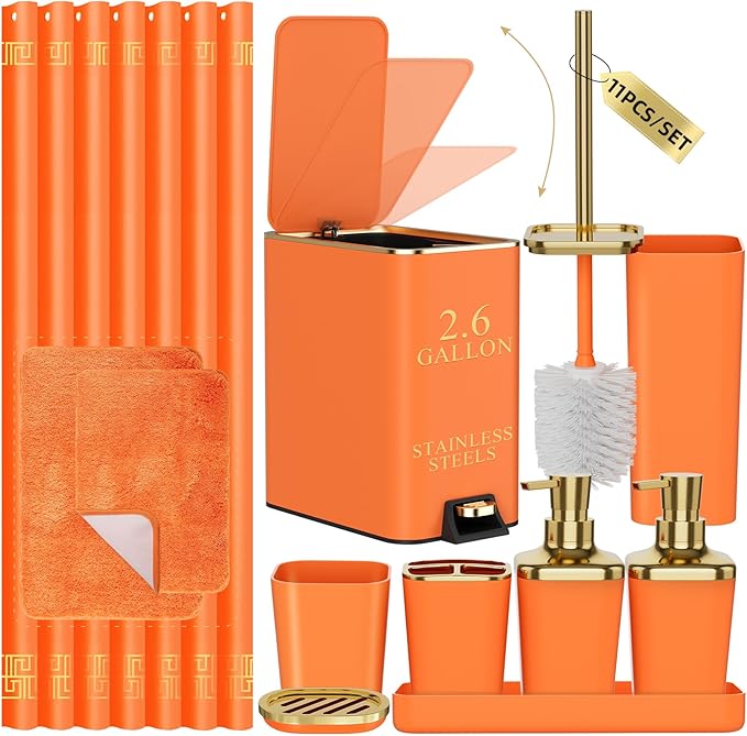 XLHOMO 11PCS Bathroom Sets with Shower Curtain and Rugs Bathroom Accessories Set Orange Bathroom Set,Soap Dispenser & Toilet Brush Holder Set with Stainless Steel Trash Can