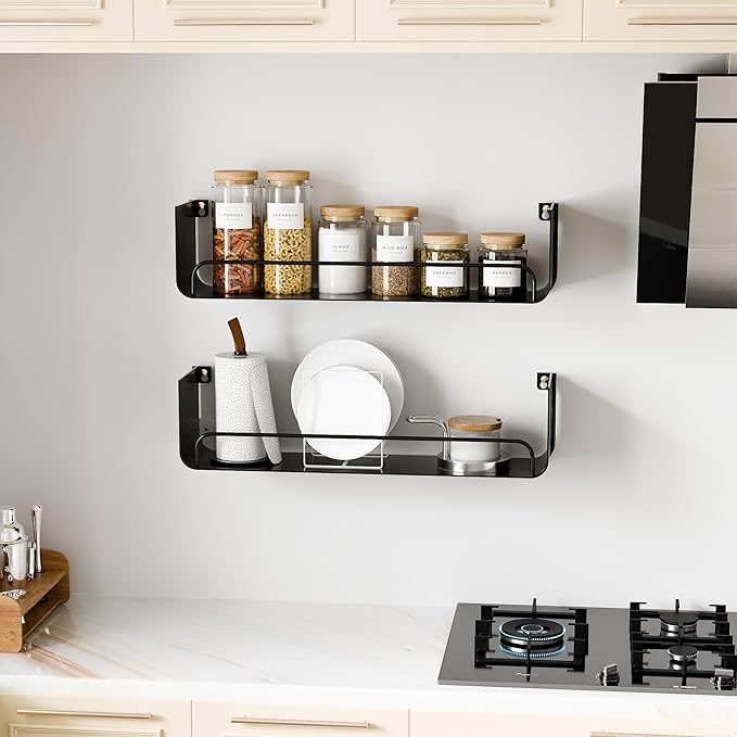 Black Metal Shelf, Modern Floating Bathroom Shelf With Guardrail, Upgrade U-Shaped Wall Mounted Metal Shelves for Kitchen, Living Room, Bedroom, Set 0f 2 Shelves for Home Storage and Organizer