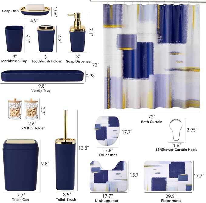 XLHOMO Bathroom Accessories Set - 25PC Bathroom Set with Shower Curtain and Rugs, Blue Bathroom Set, Bathroom Accessory Set with Press-on Lid Trash Can, Soap Dispenser and Qtip Holders