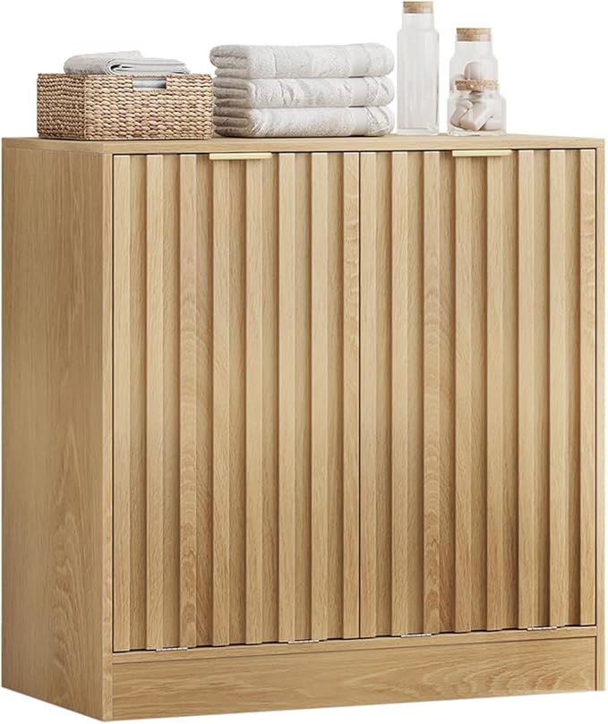 Smuxee Double Tilt Out Laundry Hamper Cabinet, Hidden Laundry Cabinet with Double Baskets, Natural Trash Can with Fluted Doors for Bathroom, Kitchen