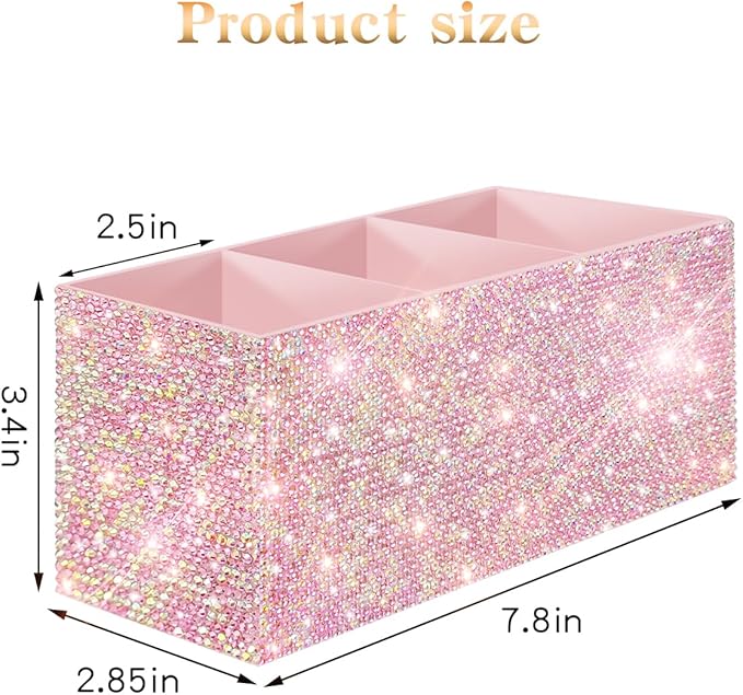 Bling Makeup Brush Holder Organizer, 3 Slot Sparkle Cosmetics Brushes Storage Holders with Shiny Rhinestones, Glitter Cute Pen and Pencil Holder for Desk, Eyeliners Display Case for Vanity???Pink???
