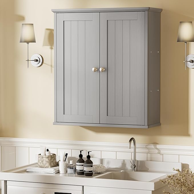 Walsunny Bathroom Medicine Cabinet Wall Mount with 2 Doors and 2 Shelves, Small Bathroom Cabinet Wooden Storage Cabinet Over Toilet Restroom Laundry Room Kitchen, Grey