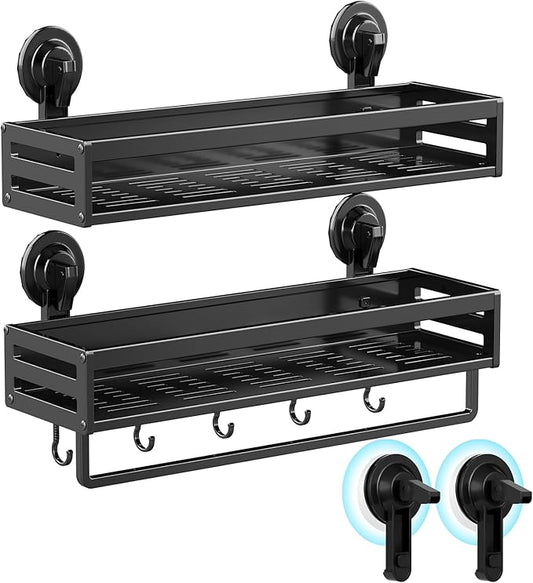 Shower Caddy Suction Cup, 15.7 inch 2 Pack Suction Shower Shelf with Hooks NO-Drilling Bathroom Holder, Rustproof Bathroom Organizer, Black,Includes 2 Extra Suction Cups for Replacement Use